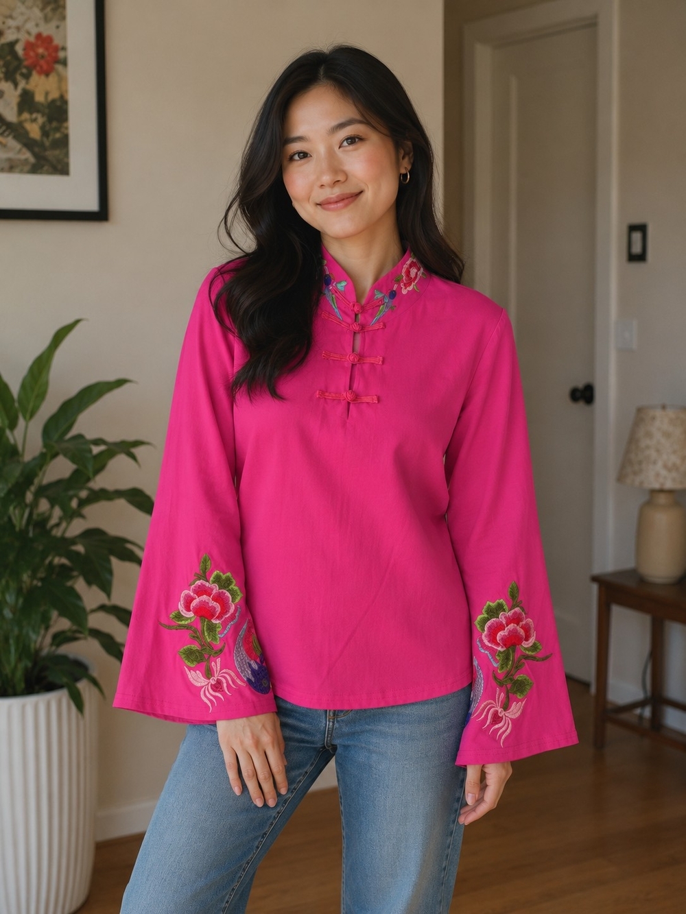 Embroidered Mandarin Collar Pink Women's Top 3XL